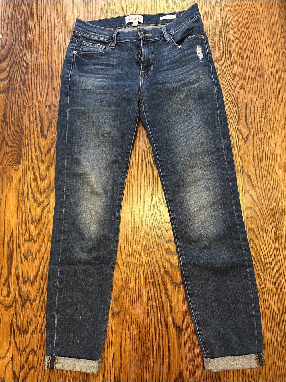 FRAME Indigo Blue High-Rise Skinny Jeans